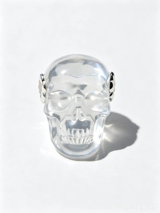 1.0"Clear Quartz Skull Pendant with 925 Sterling Silver Flower Through Bead, Chakra Meditation Healing Jewelry