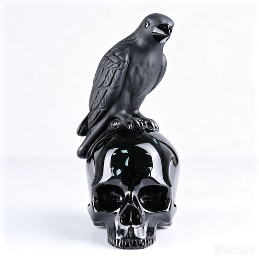 6"Natural Black Obsidian Eagle & Skull Carving, Hand-Carved Crystal Healing Ornament
