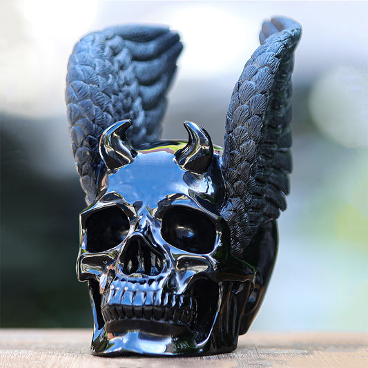 7" Black Obsidian Crystal Skull with Wings Hand Carved Sculpture