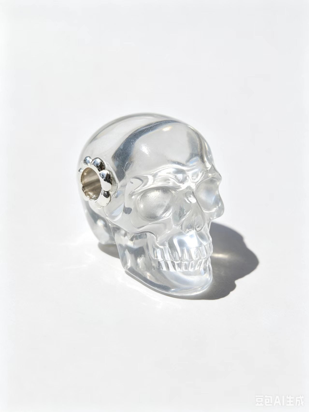 1.0"Clear Quartz Skull Pendant with 925 Sterling Silver Flower Through Bead, Chakra Meditation Healing Jewelry