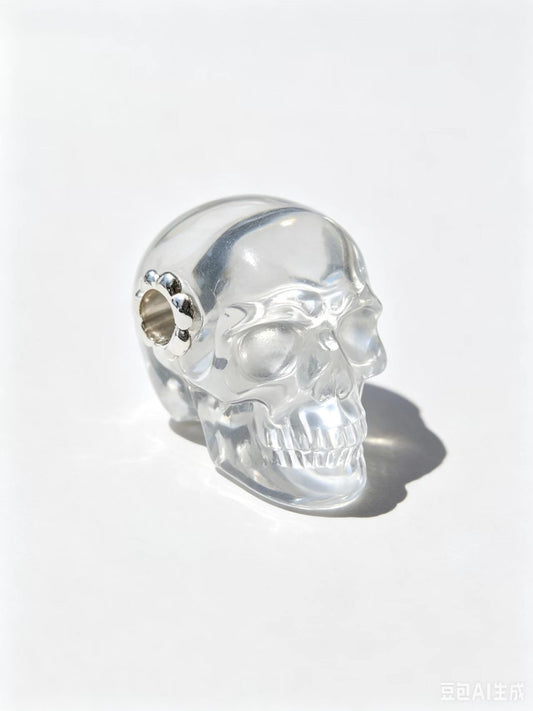 1.0"Clear Quartz Skull Pendant with 925 Sterling Silver Flower Through Bead, Chakra Meditation Healing Jewelry