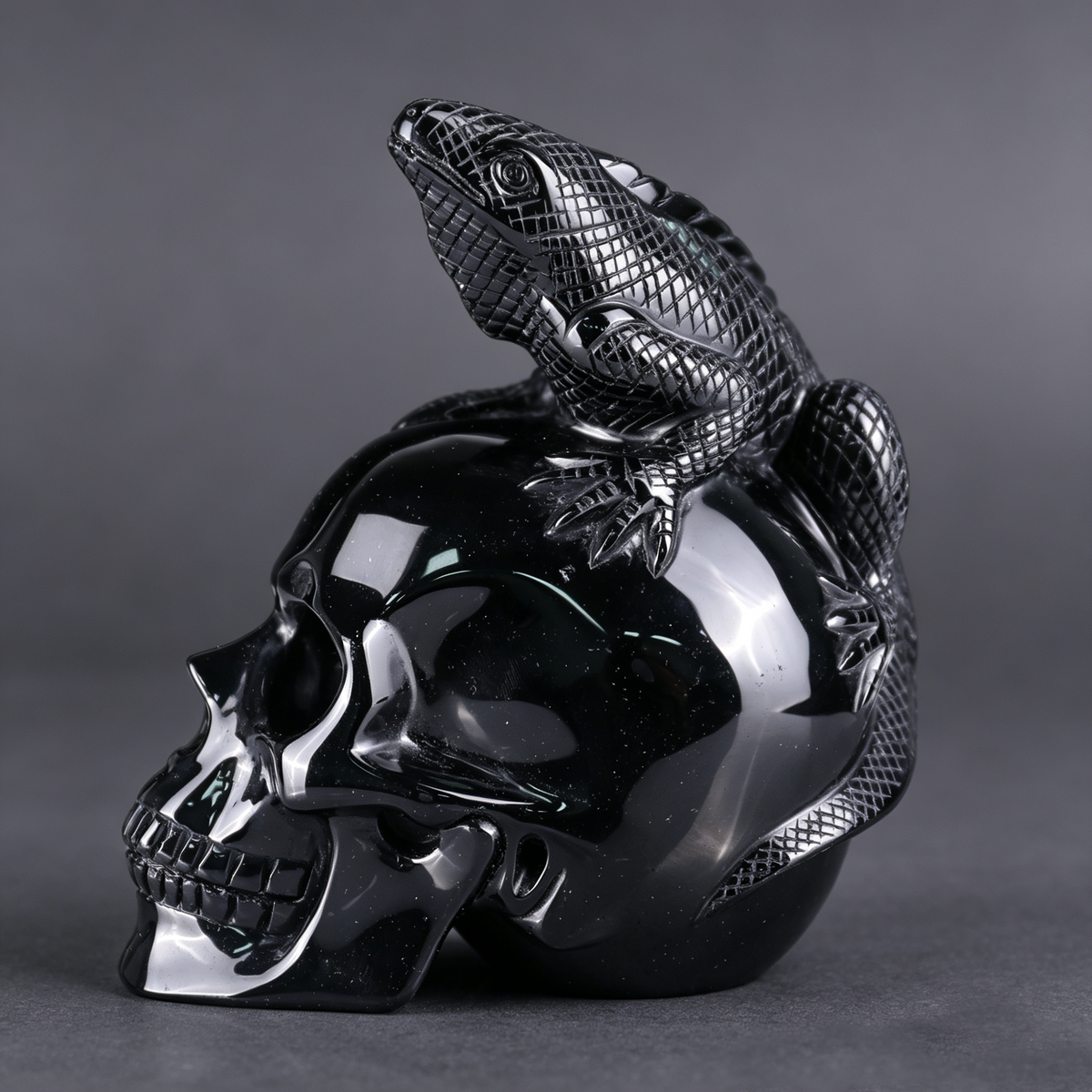 4.7"Black Obsidian Crystal Skull and Lizard