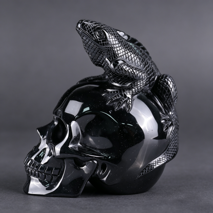 4.7"Black Obsidian Crystal Skull and Lizard