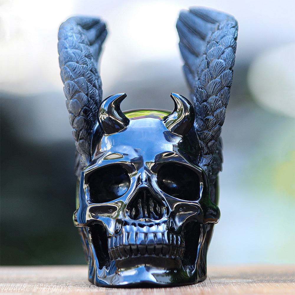 7" Black Obsidian Crystal Skull with Wings Hand Carved Sculpture