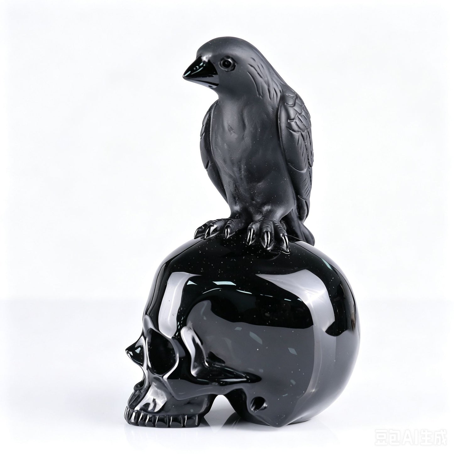 6"Natural Black Obsidian Eagle & Skull Carving, Hand-Carved Crystal Healing Ornament