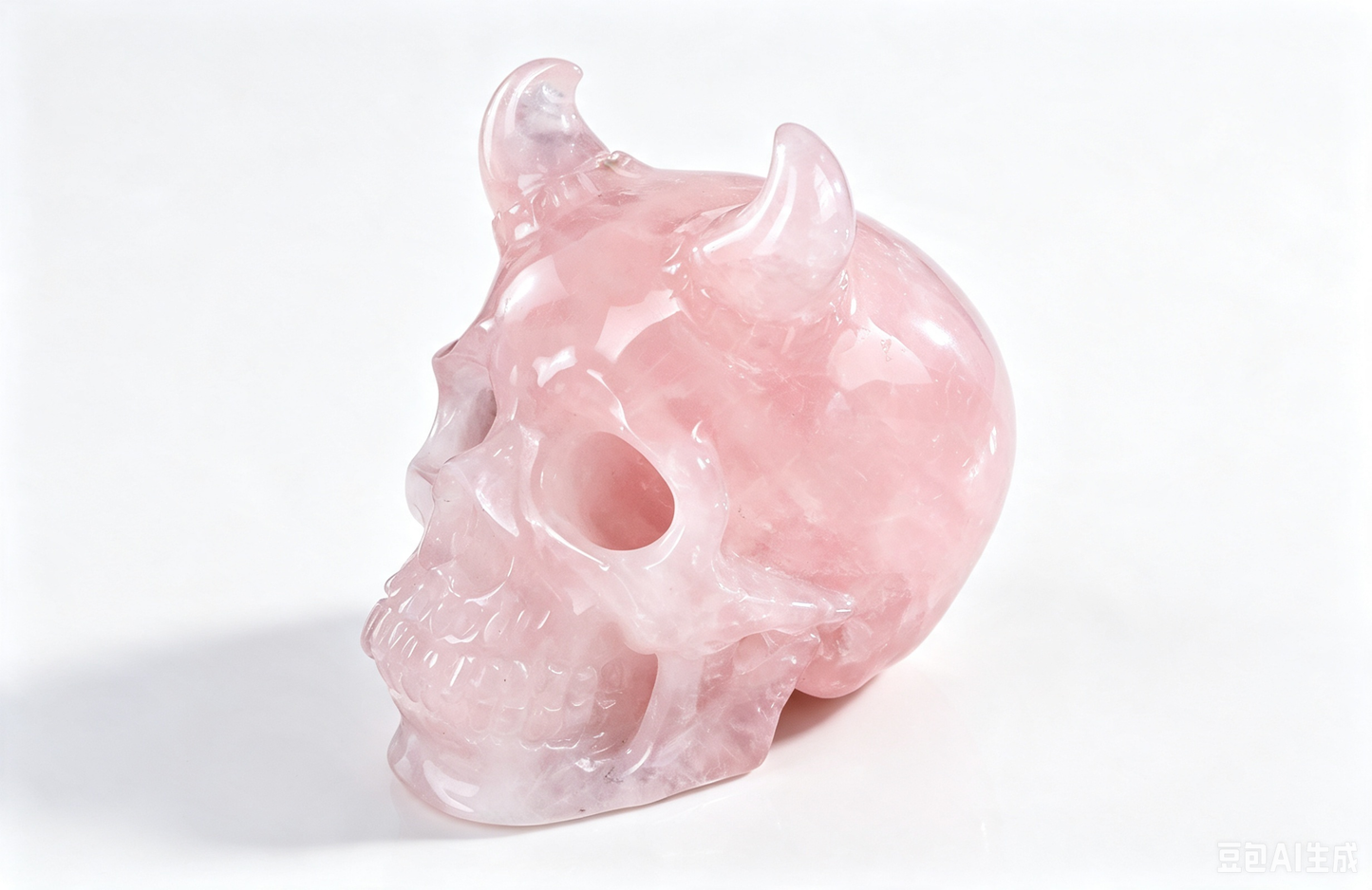 4.5" Natural Rose Quartz Crystal Skull with Horn Hand Carved Spiritual Healing Decor Ornament