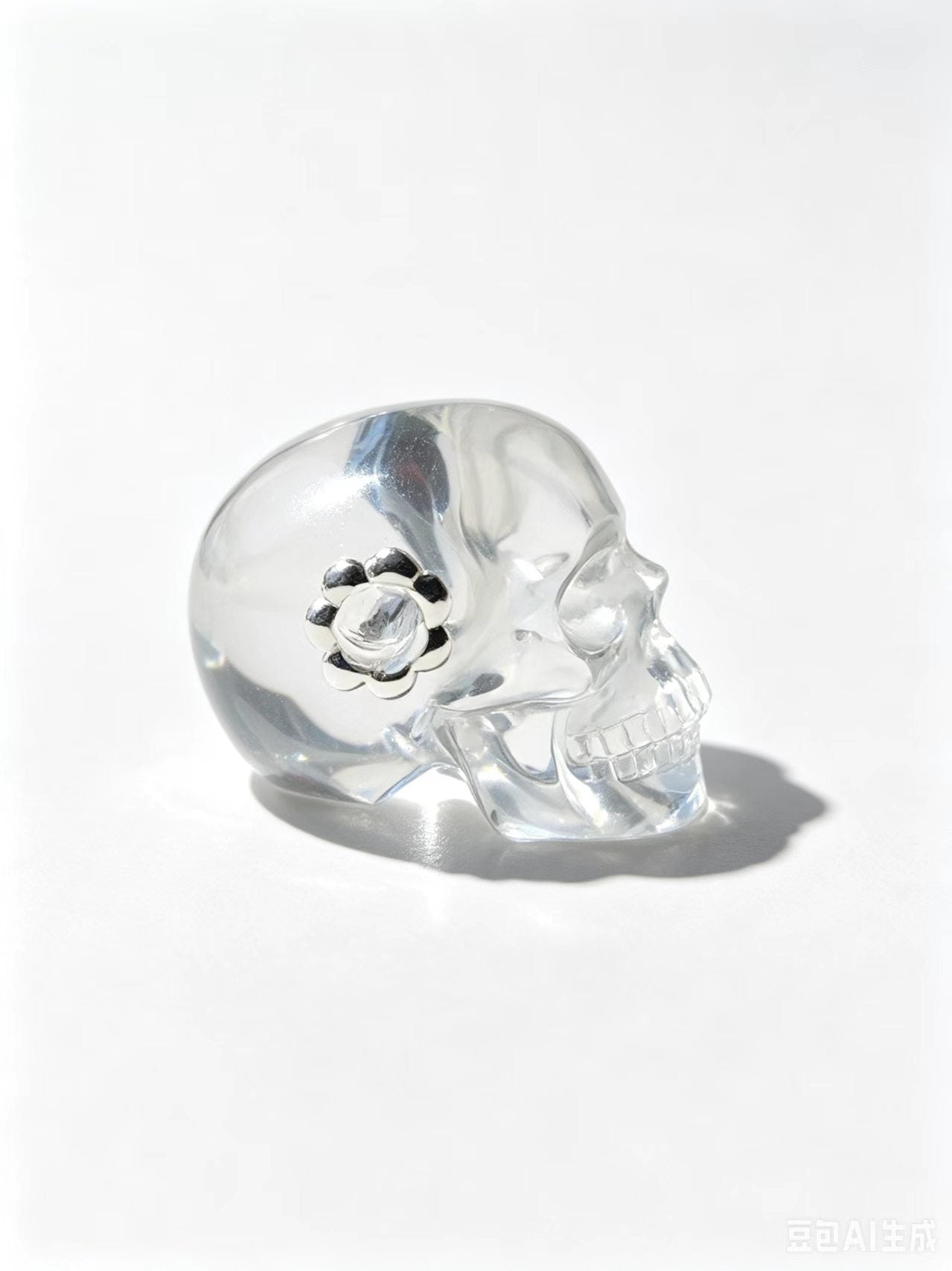 1.0"Clear Quartz Skull Pendant with 925 Sterling Silver Flower Through Bead, Chakra Meditation Healing Jewelry
