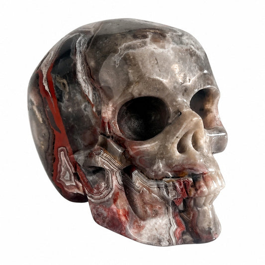 4.5 Inch Red Crazy Lace Agate Crystal Skull three-quarter view facing right