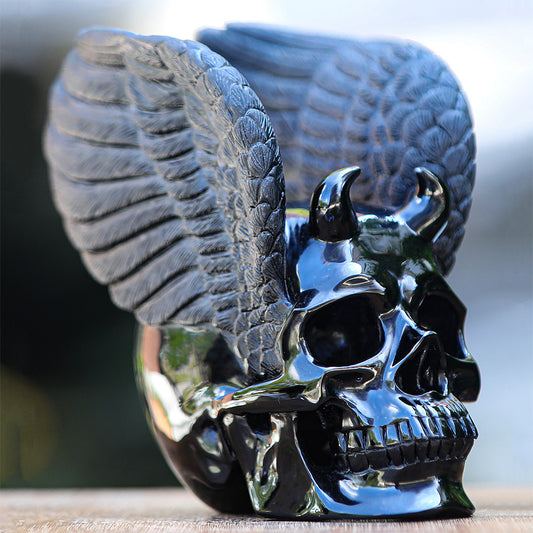 7" Black Obsidian Crystal Skull with Wings Hand Carved Sculpture