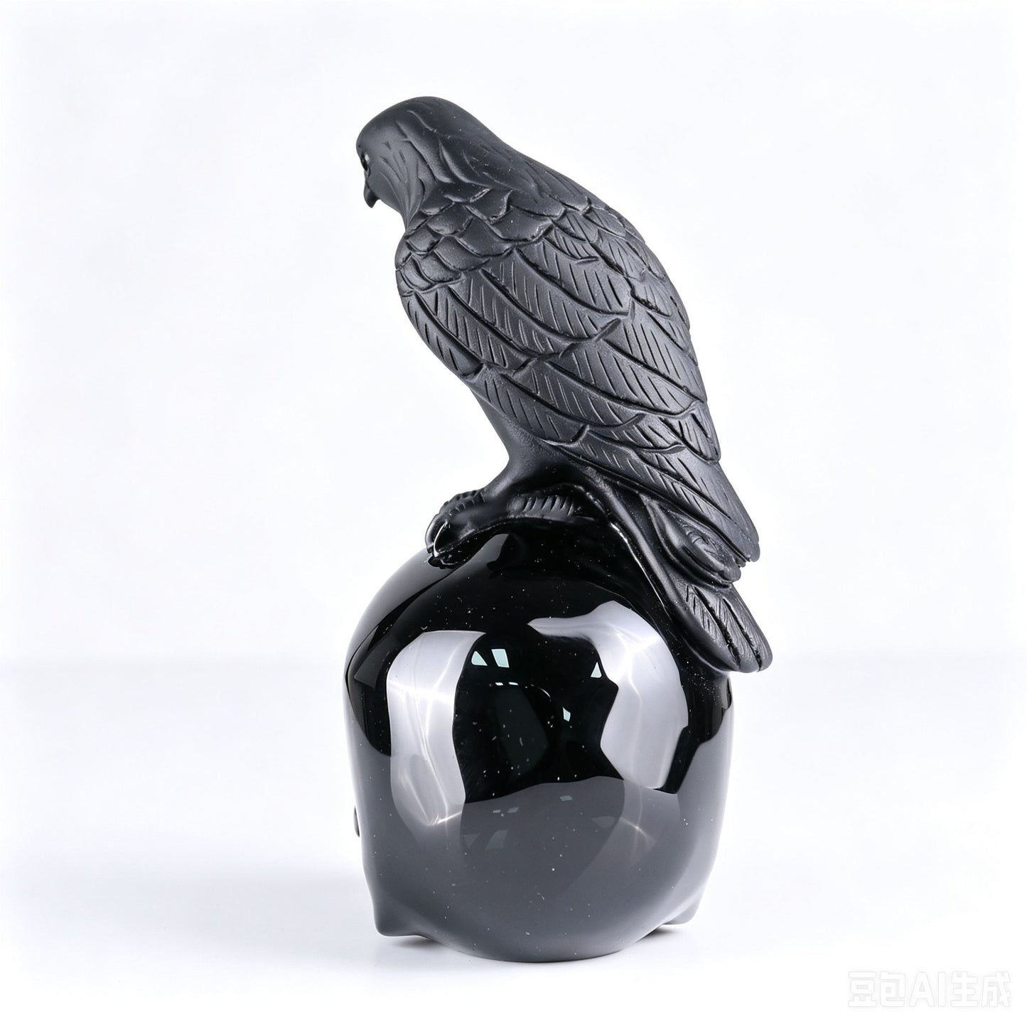 6"Natural Black Obsidian Eagle & Skull Carving, Hand-Carved Crystal Healing Ornament