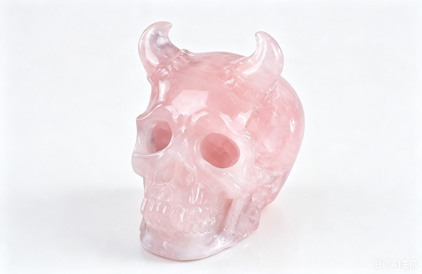 4.5" Natural Rose Quartz Crystal Skull with Horn Hand Carved Spiritual Healing Decor Ornament