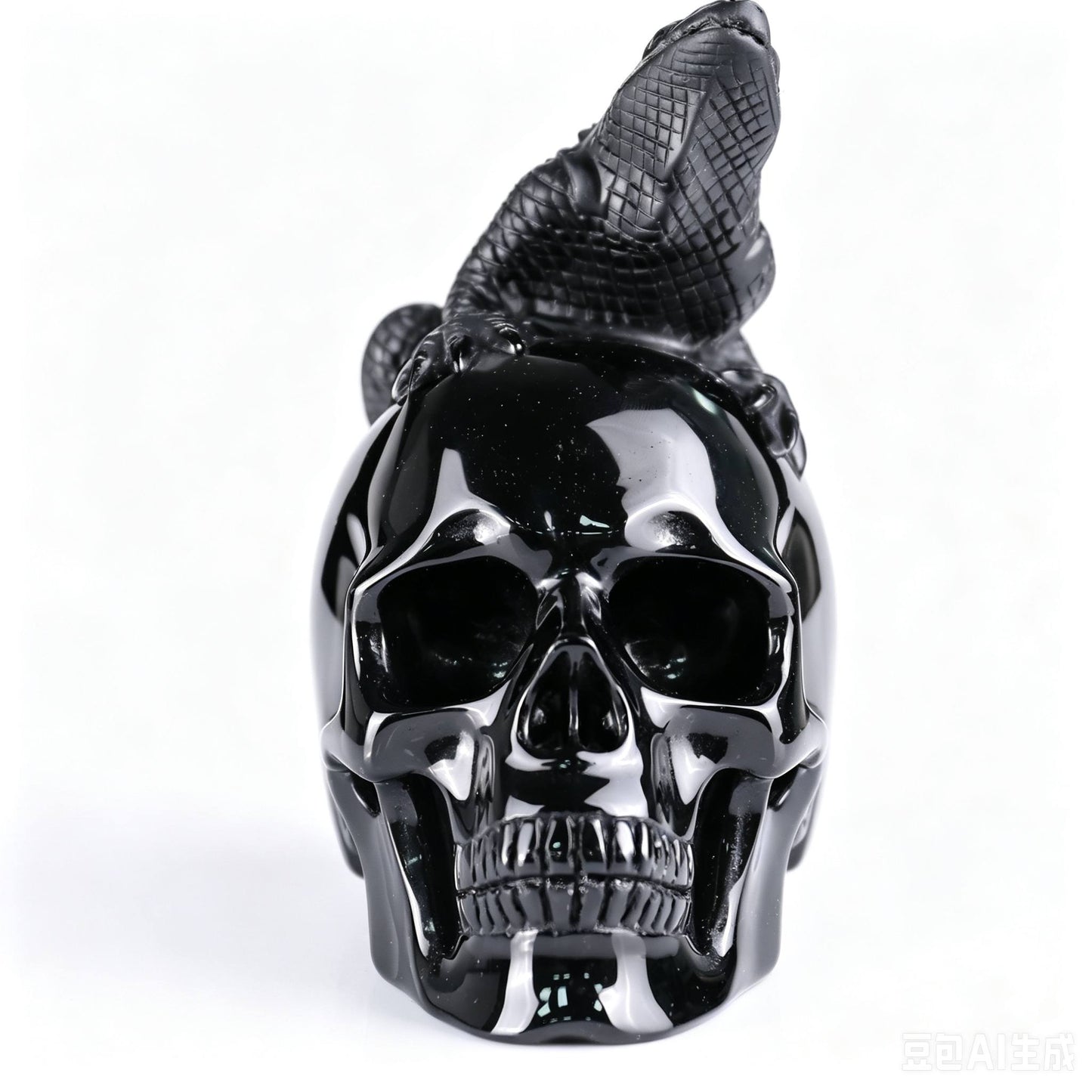 4"Natural Black Obsidian Lizard & Skull Carving, Hand-Carved Crystal Healing Ornament
