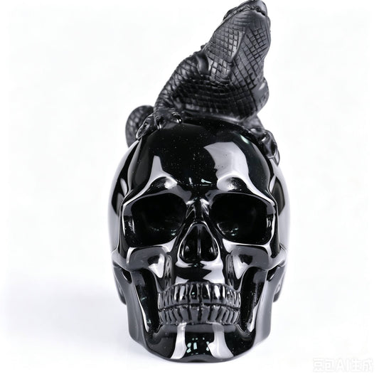 4"Natural Black Obsidian Lizard & Skull Carving, Hand-Carved Crystal Healing Ornament
