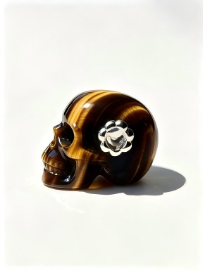 1.0" Tiger Eye Skull Pendant with 925 Sterling Silver Flower Through Bead, Chakra Meditation Healing Jewelry