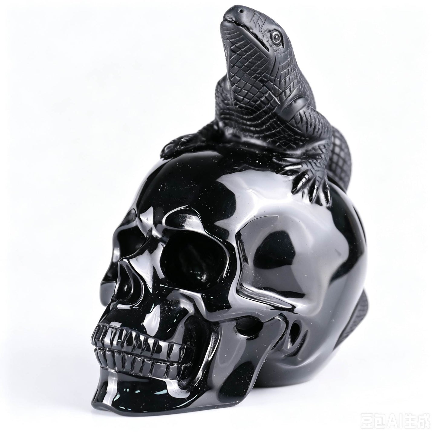 4"Natural Black Obsidian Lizard & Skull Carving, Hand-Carved Crystal Healing Ornament
