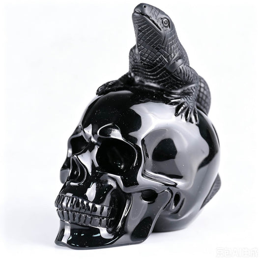 4"Natural Black Obsidian Lizard & Skull Carving, Hand-Carved Crystal Healing Ornament