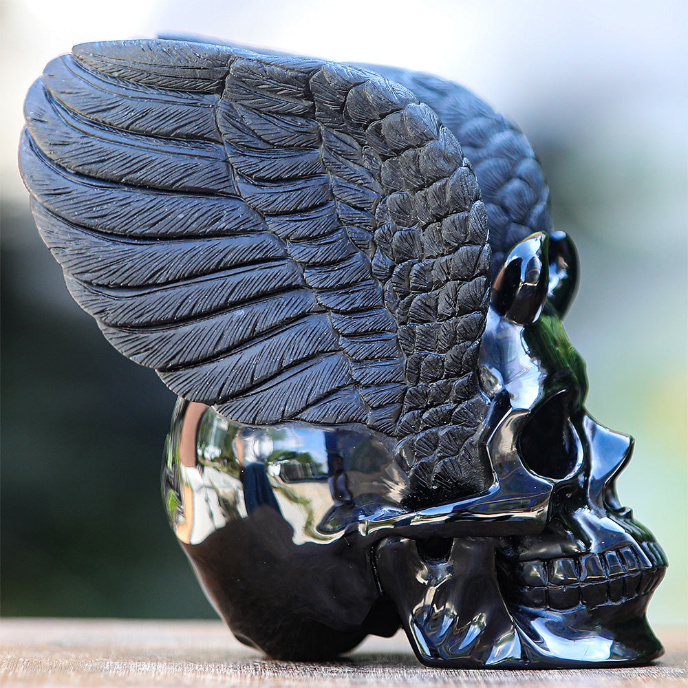 7" Black Obsidian Crystal Skull with Wings Hand Carved Sculpture