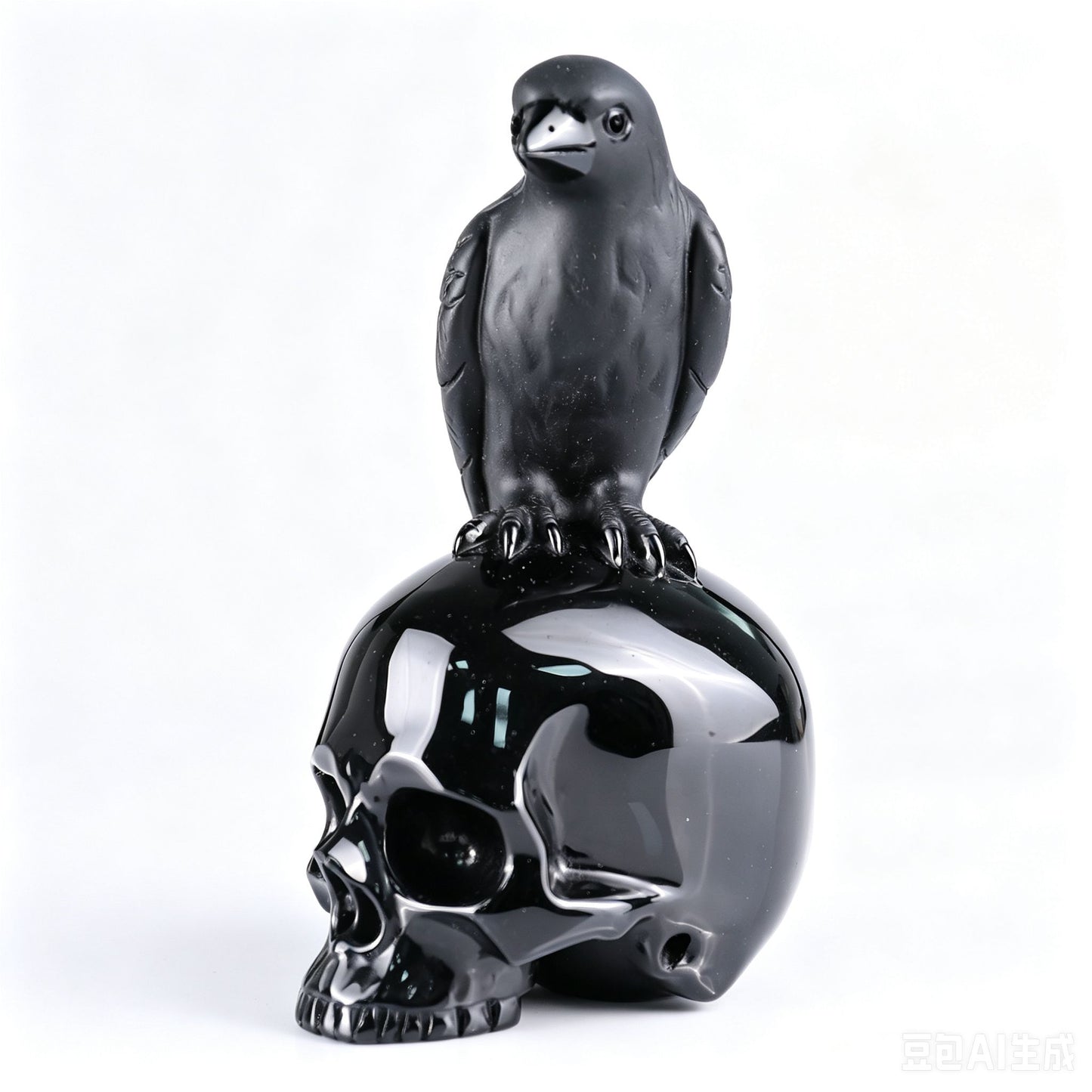 6"Natural Black Obsidian Eagle & Skull Carving, Hand-Carved Crystal Healing Ornament