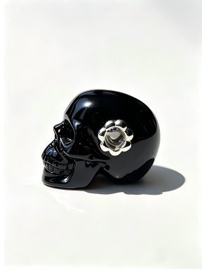 1.0" Black Obsidian Skull Pendant with 925 Sterling Silver Flower Through Bead, Chakra Meditation Healing Jewelry