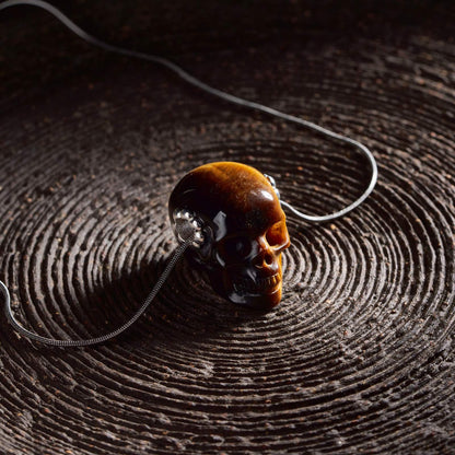 1.0" Tiger's Eye Crystal Skull Necklace - Hand-Carved Pendant with Chain