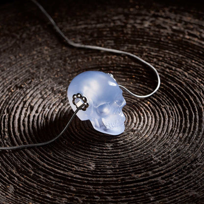 1.0" Blue Chalcedony Crystal Skull Necklace - Hand-Carved Pendant with Chain