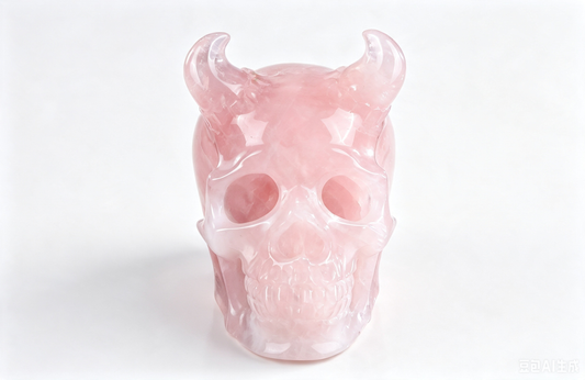 4.5" Natural Rose Quartz Crystal Skull with Horn Hand Carved Spiritual Healing Decor Ornament