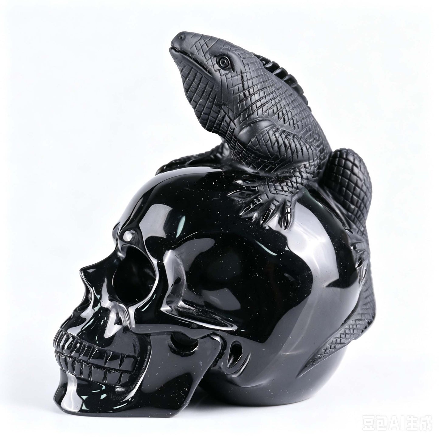 4"Natural Black Obsidian Lizard & Skull Carving, Hand-Carved Crystal Healing Ornament
