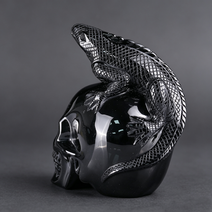4.7"Black Obsidian Crystal Skull and Lizard