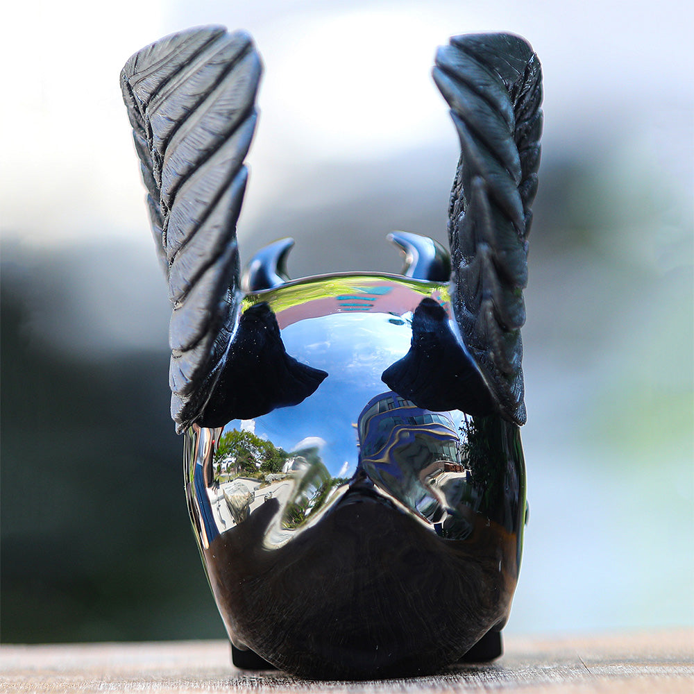 7" Black Obsidian Crystal Skull with Wings Hand Carved Sculpture