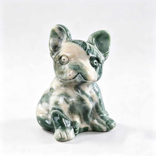2.0"Natural Nine Dragon Jade Hand Carved Bulldog Figurine, Grounding Protection Crystal Animal Decor