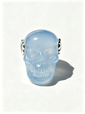 1.0" Blue Chalcedony Skull Pendant with 925 Sterling Silver Flower Through Bead, Chakra Meditation Healing Jewelry