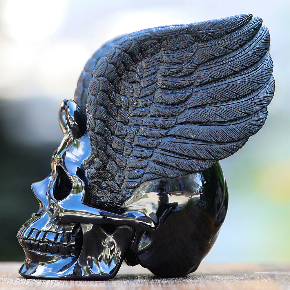 7" Black Obsidian Crystal Skull with Wings Hand Carved Sculpture