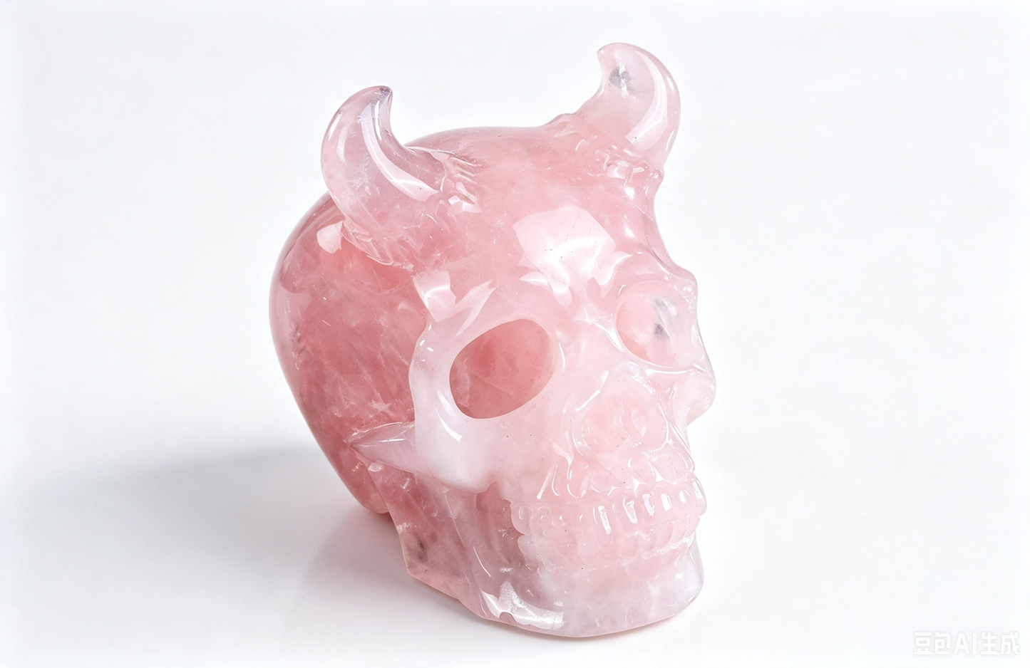 4.5" Natural Rose Quartz Crystal Skull with Horn Hand Carved Spiritual Healing Decor Ornament