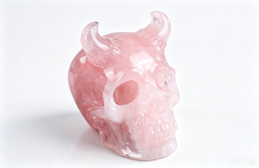 4.5" Natural Rose Quartz Crystal Skull with Horn Hand Carved Spiritual Healing Decor Ornament