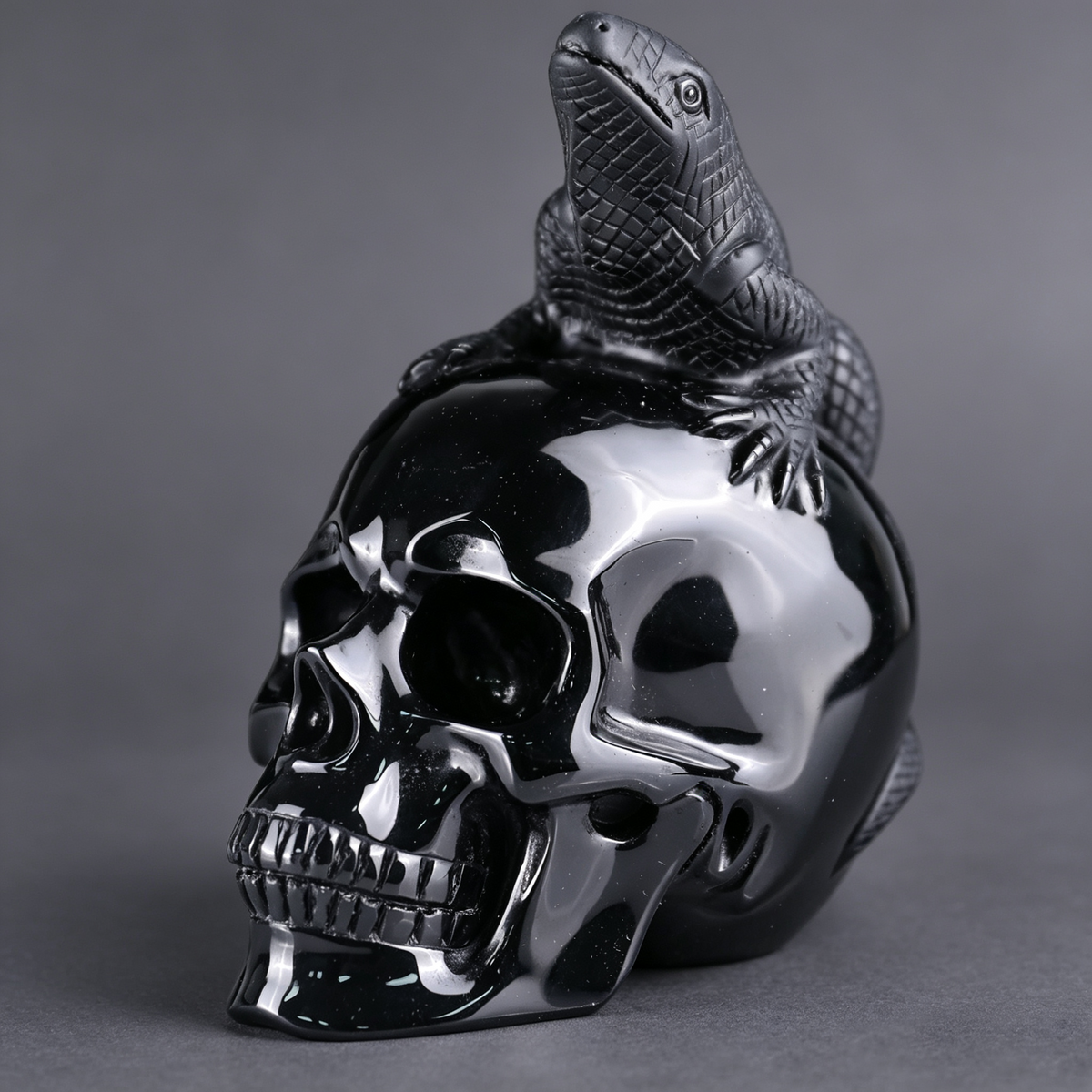 4.7"Black Obsidian Crystal Skull and Lizard
