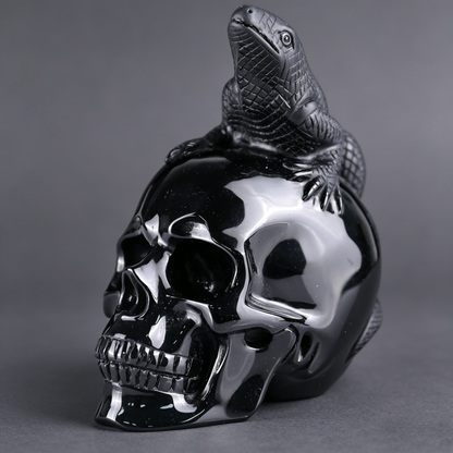4.7"Black Obsidian Crystal Skull and Lizard