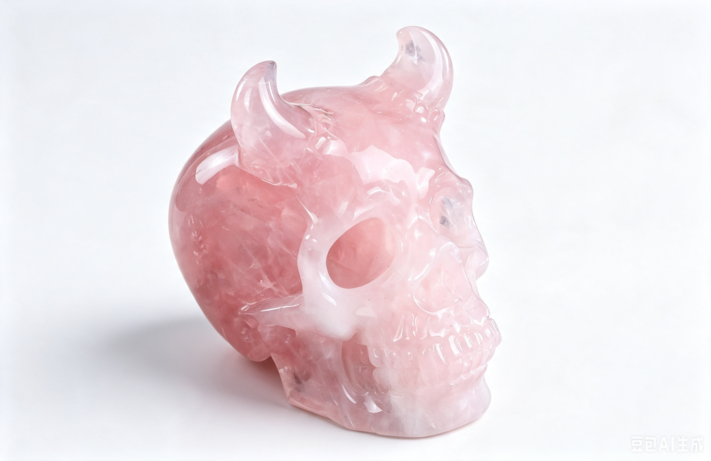 4.5" Natural Rose Quartz Crystal Skull with Horn Hand Carved Spiritual Healing Decor Ornament