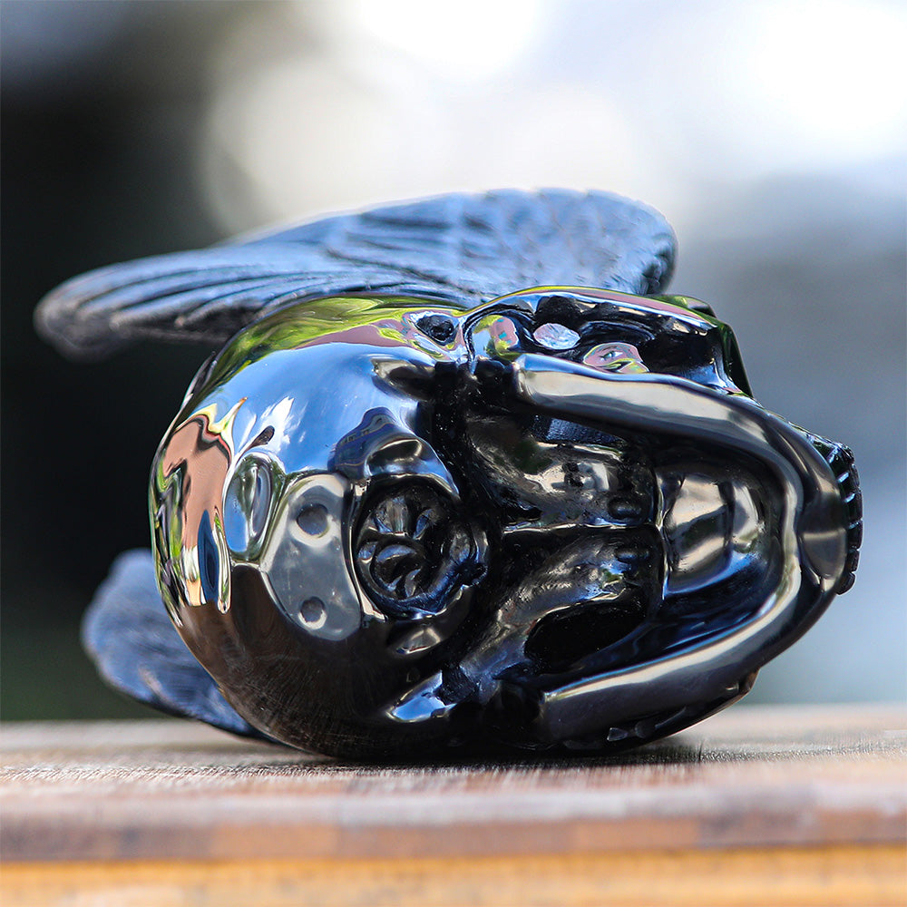 7" Black Obsidian Crystal Skull with Wings Hand Carved Sculpture