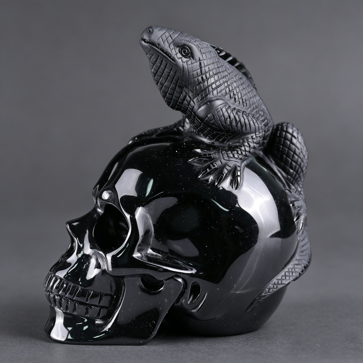 4.7"Black Obsidian Crystal Skull and Lizard