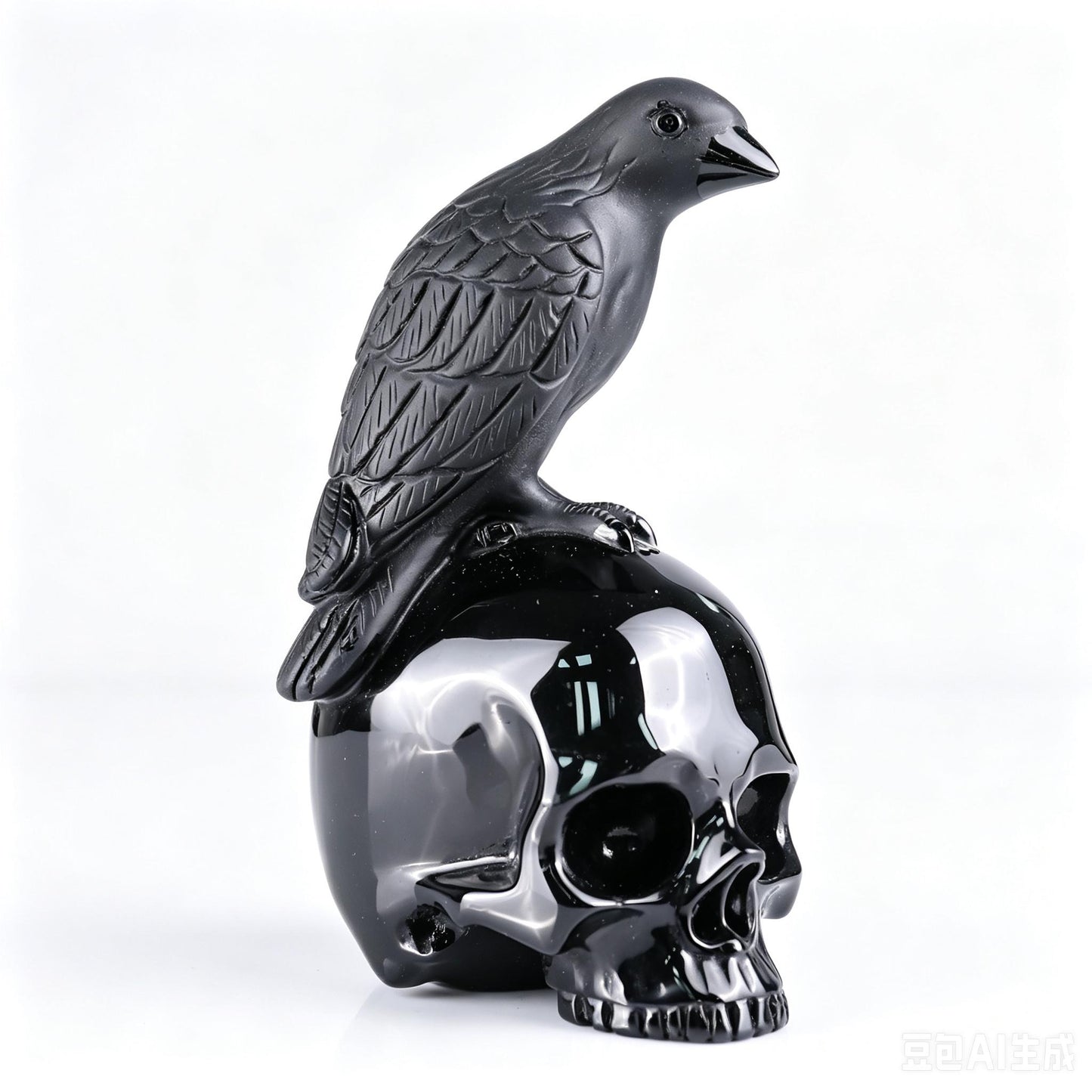 6"Natural Black Obsidian Eagle & Skull Carving, Hand-Carved Crystal Healing Ornament