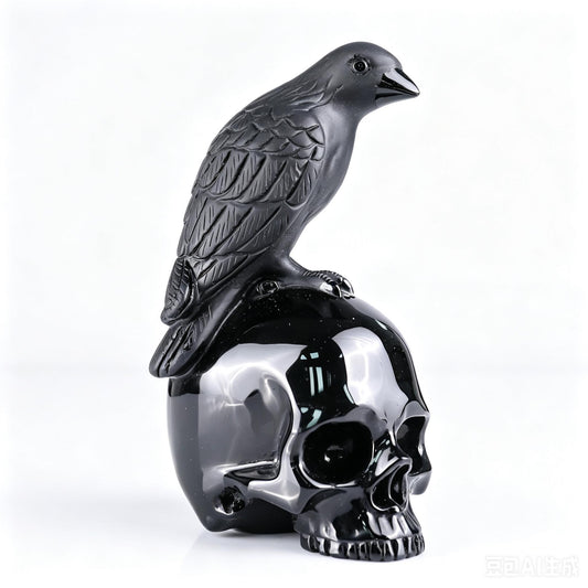 6"Natural Black Obsidian Eagle & Skull Carving, Hand-Carved Crystal Healing Ornament