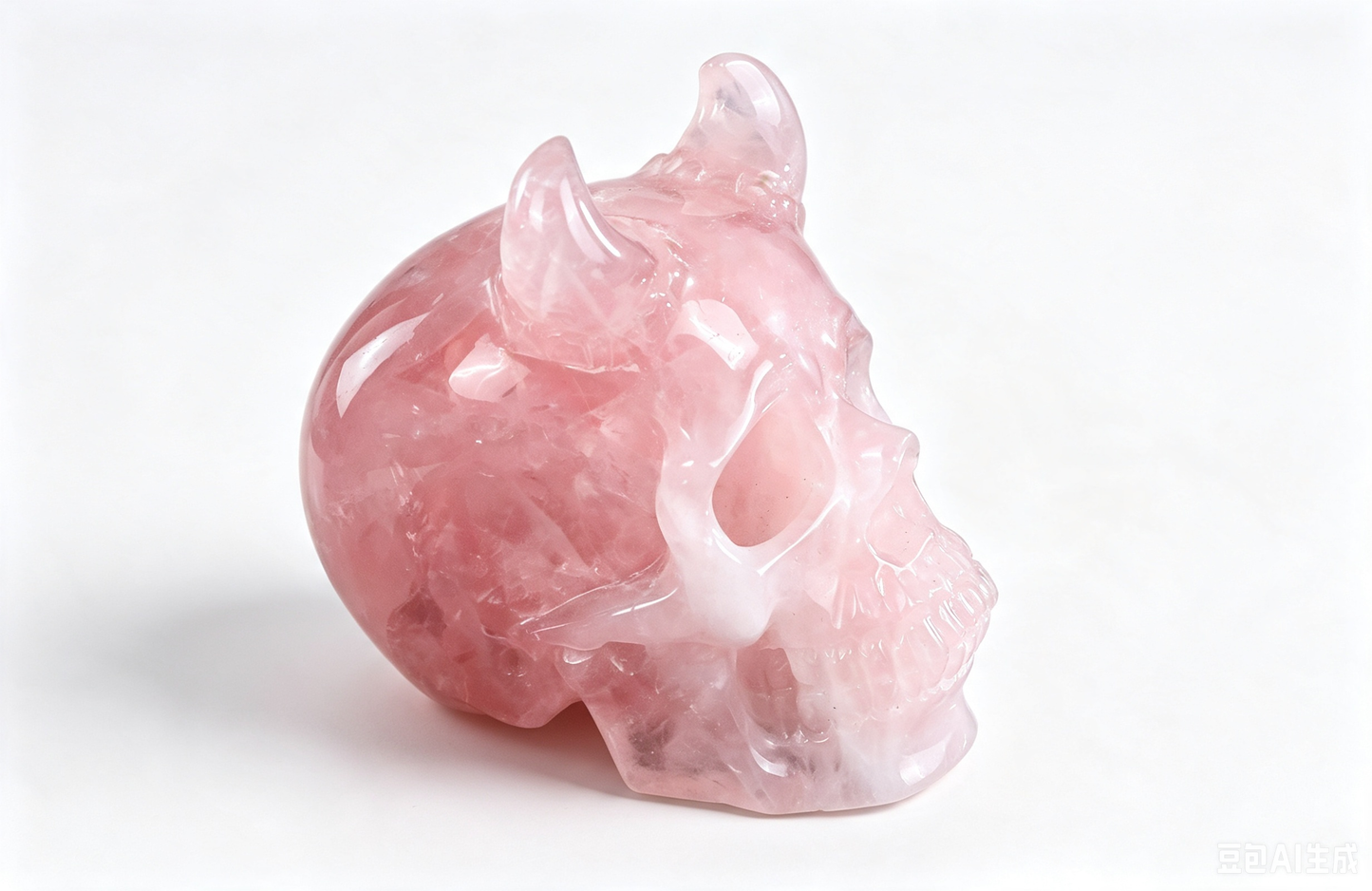 4.5" Natural Rose Quartz Crystal Skull with Horn Hand Carved Spiritual Healing Decor Ornament