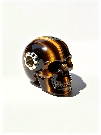 1.0" Tiger Eye Skull Pendant with 925 Sterling Silver Flower Through Bead, Chakra Meditation Healing Jewelry