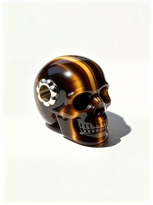 1.0" Tiger Eye Skull Pendant with 925 Sterling Silver Flower Through Bead, Chakra Meditation Healing Jewelry