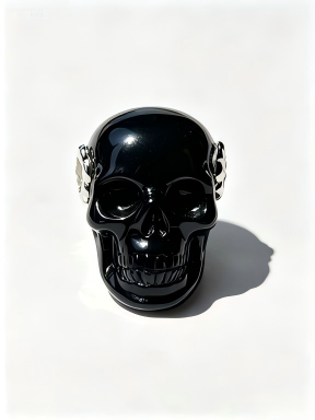 1.0" Black Obsidian Skull Pendant with 925 Sterling Silver Flower Through Bead, Chakra Meditation Healing Jewelry