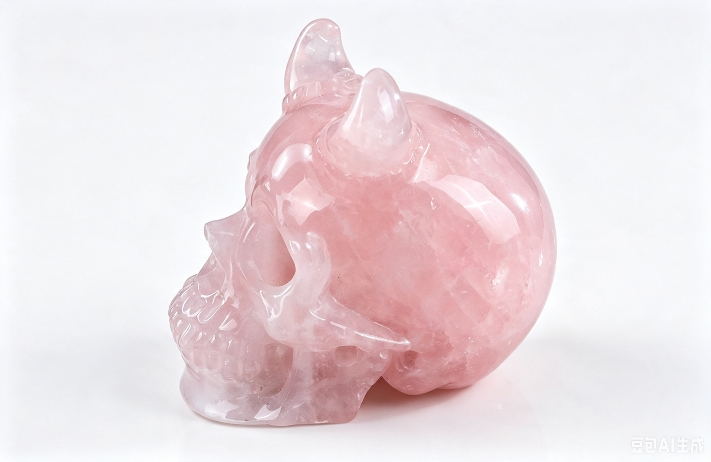 4.5" Natural Rose Quartz Crystal Skull with Horn Hand Carved Spiritual Healing Decor Ornament
