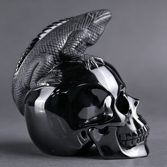 4.7"Black Obsidian Crystal Skull and Lizard