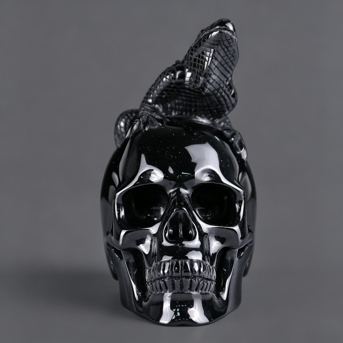 4.7"Black Obsidian Crystal Skull and Lizard