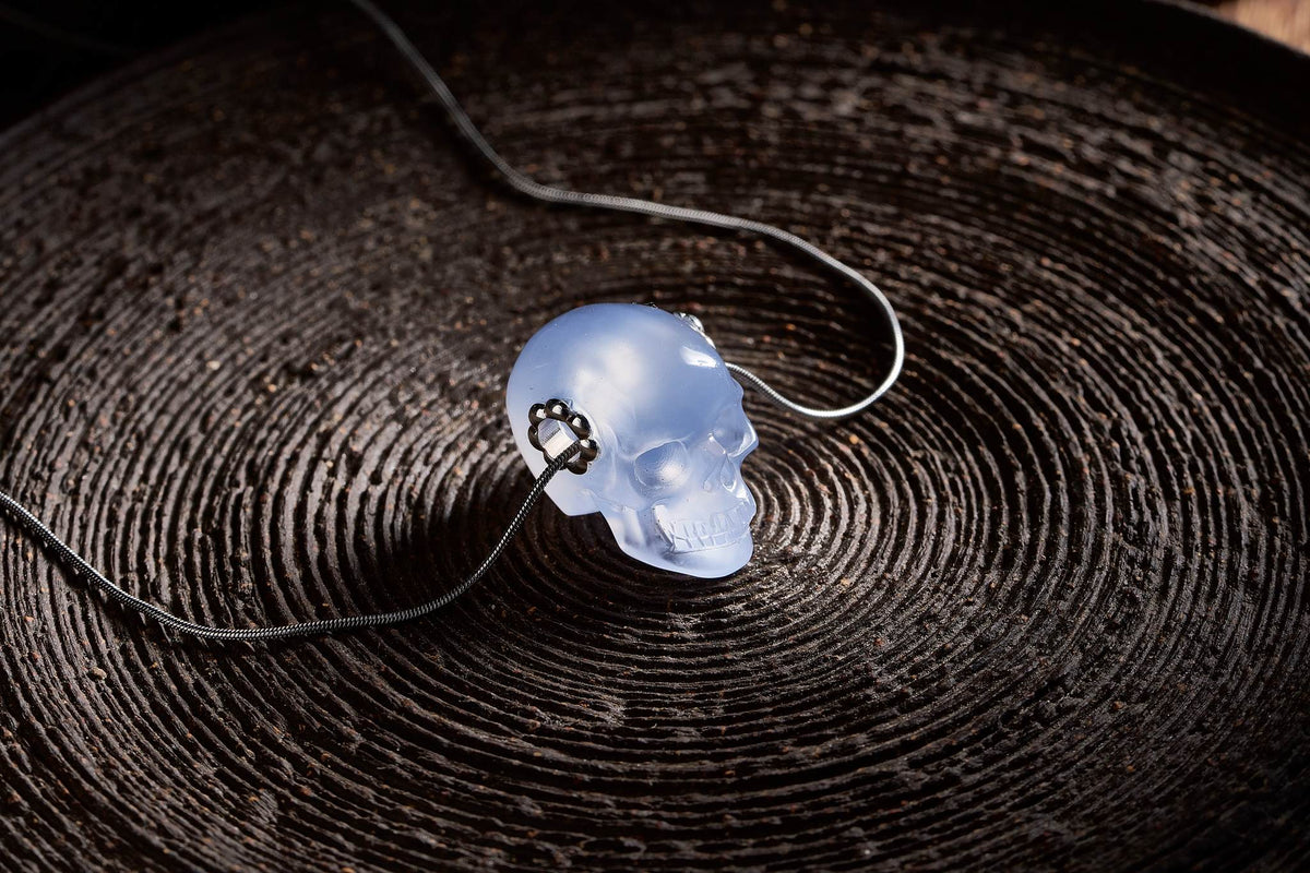 1.0" Blue Chalcedony Crystal Skull Necklace - Detail A