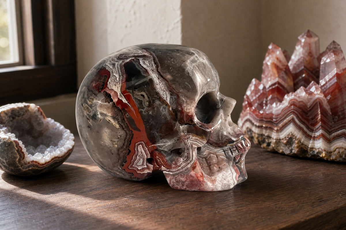 4.5 Inch Red Crazy Lace Agate Crystal Skull Detail A